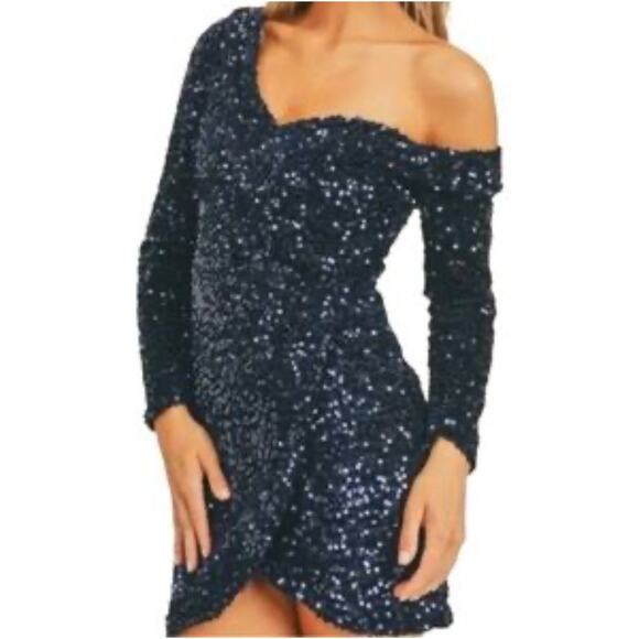 LUSH Blue Sequin One-Shoulder Bodycon Cocktail Dress Sparkly Party Mini Sz S - Picture 1 of 14